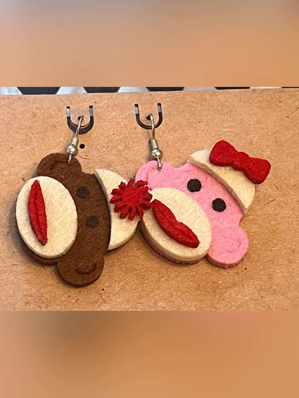 Handmade Felt Monkey Face Earrings - Brown & Pink